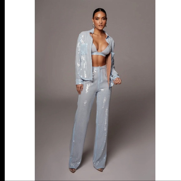 SOLD JLuxlabel BLUE BAGUETTE SEQUIN Trouser pants Sz XL - Picture 1 of 6